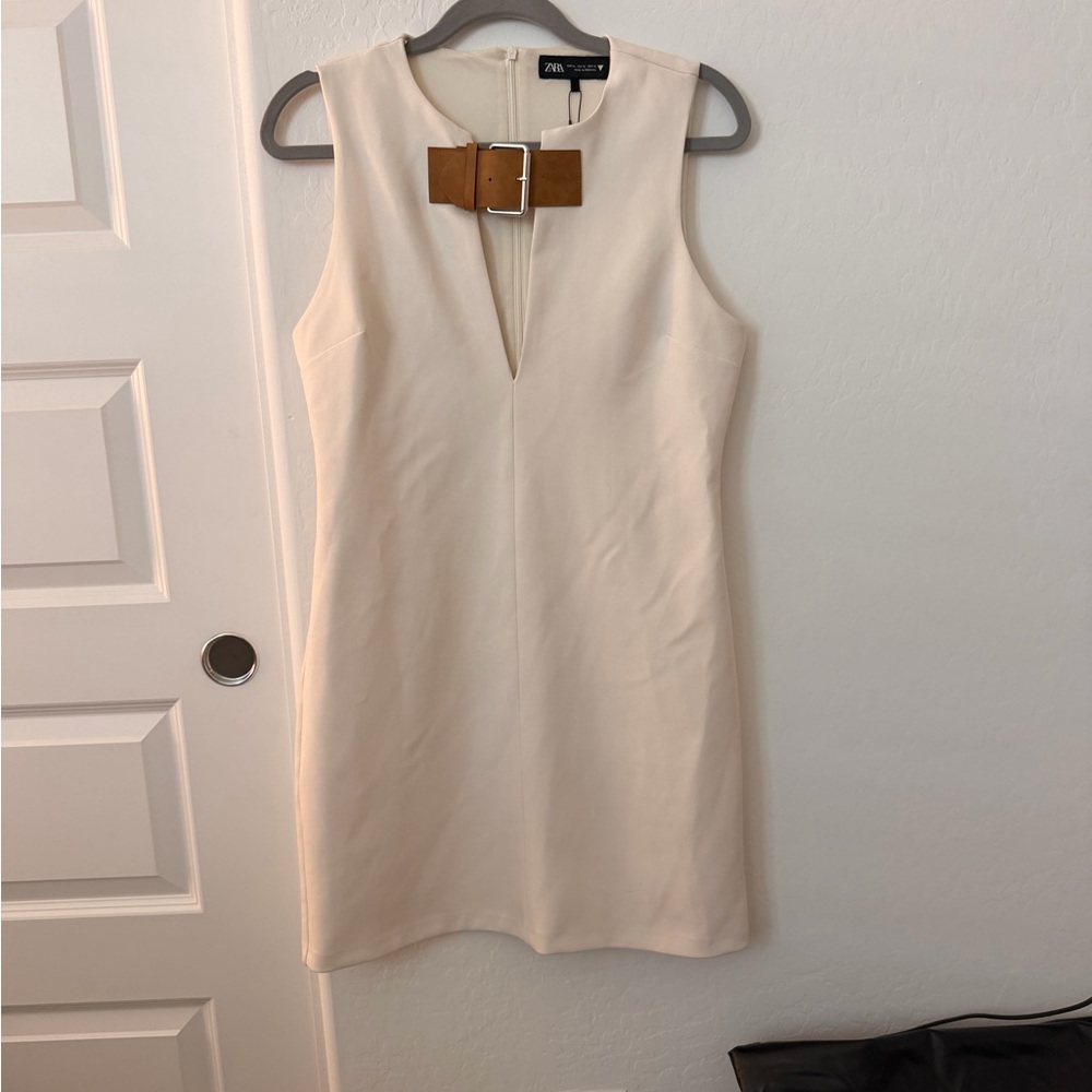 Zara Cream Mini Dress with Tan Bow